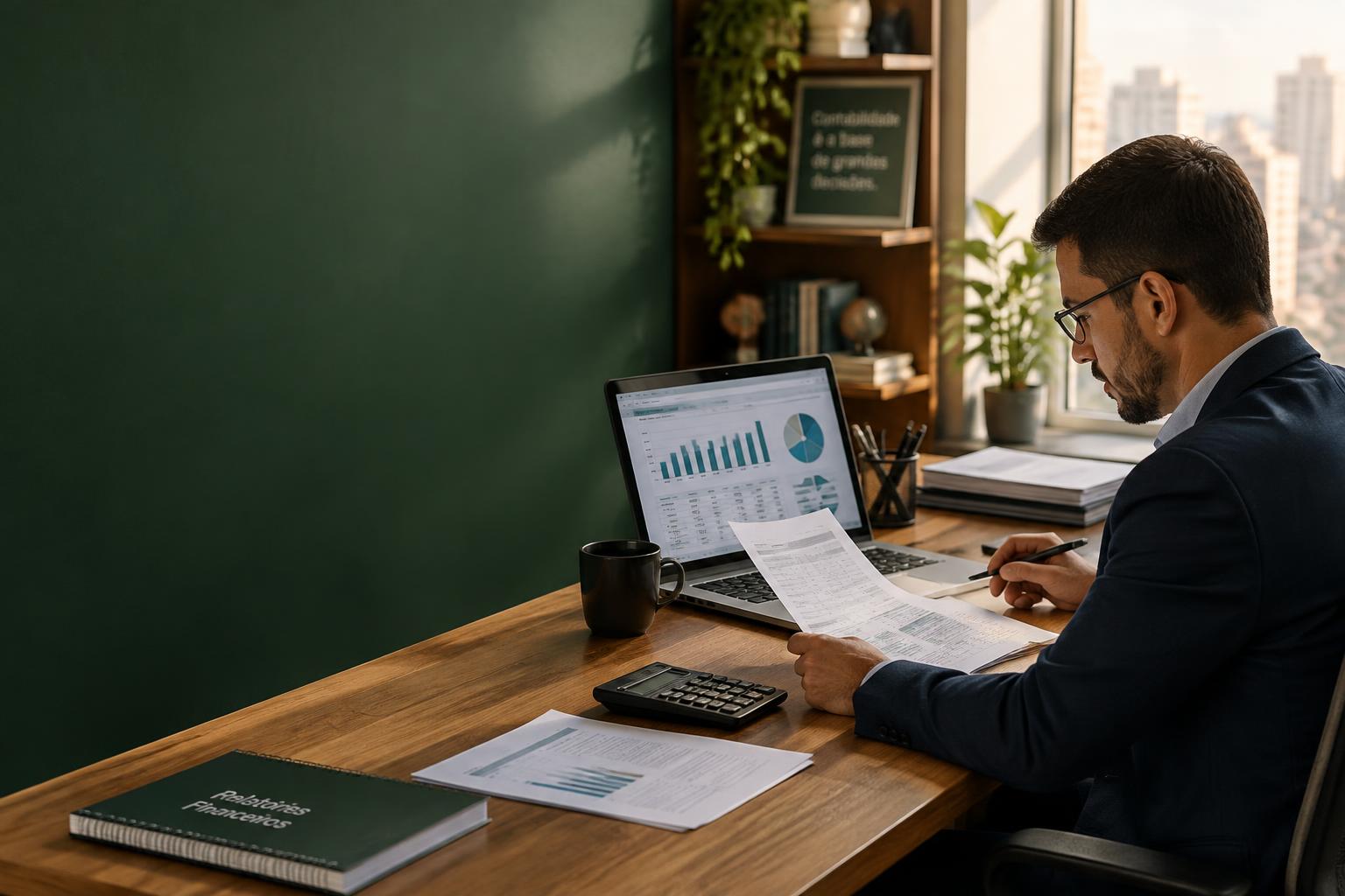 Contador analisando relatórios financeiros e gráficos em um escritório